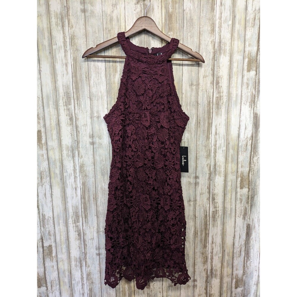 Lulus Love Poem Burgundy Lace Mini Halter Sheath Dress Valentines Day Small NWT